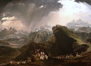 God miraculously causes the sun to stand still, allowing the Israelites under Yehoshua's command to win the battle (painting by John Martin)